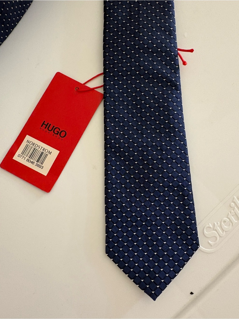 HUGO Navy Blue Diamond-Detail Silk Tie